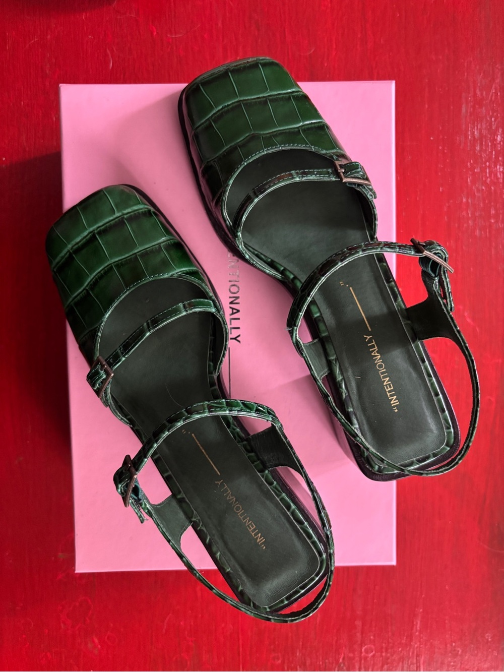 INTENTIONALLY BLANK Dark Green Croc-Embossed Square-Toe Strappy Sandals - Women